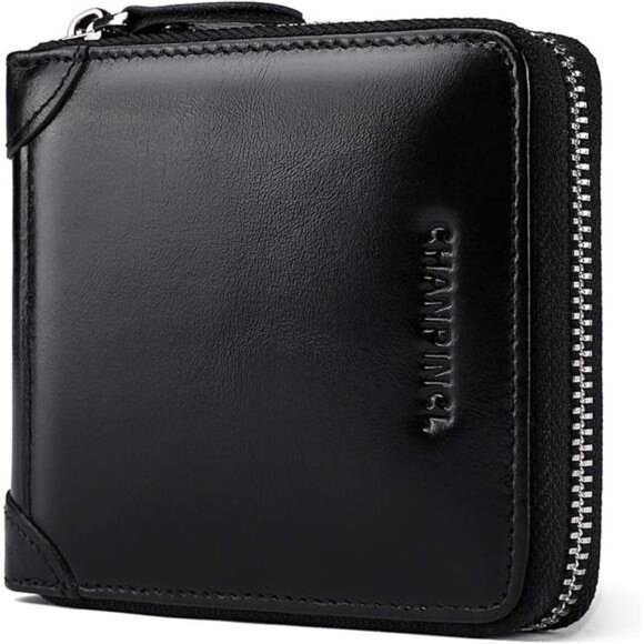 Mens Genuine Leather Zipper Wallet Black - Picture 1 of 5